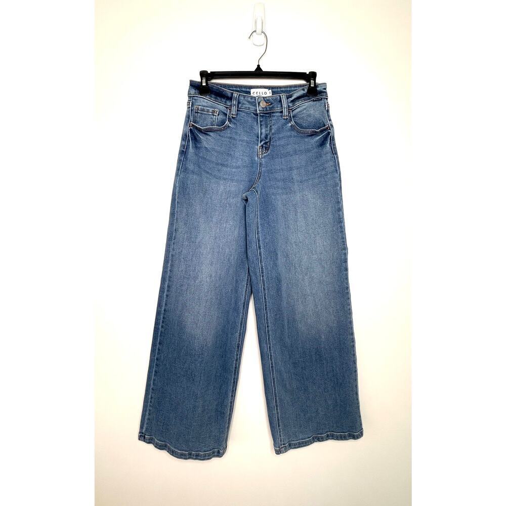 Cello Wide Leg Mid Rise Jeans Juniors Sz 5 Stretch Boho Chic Denim Neutral